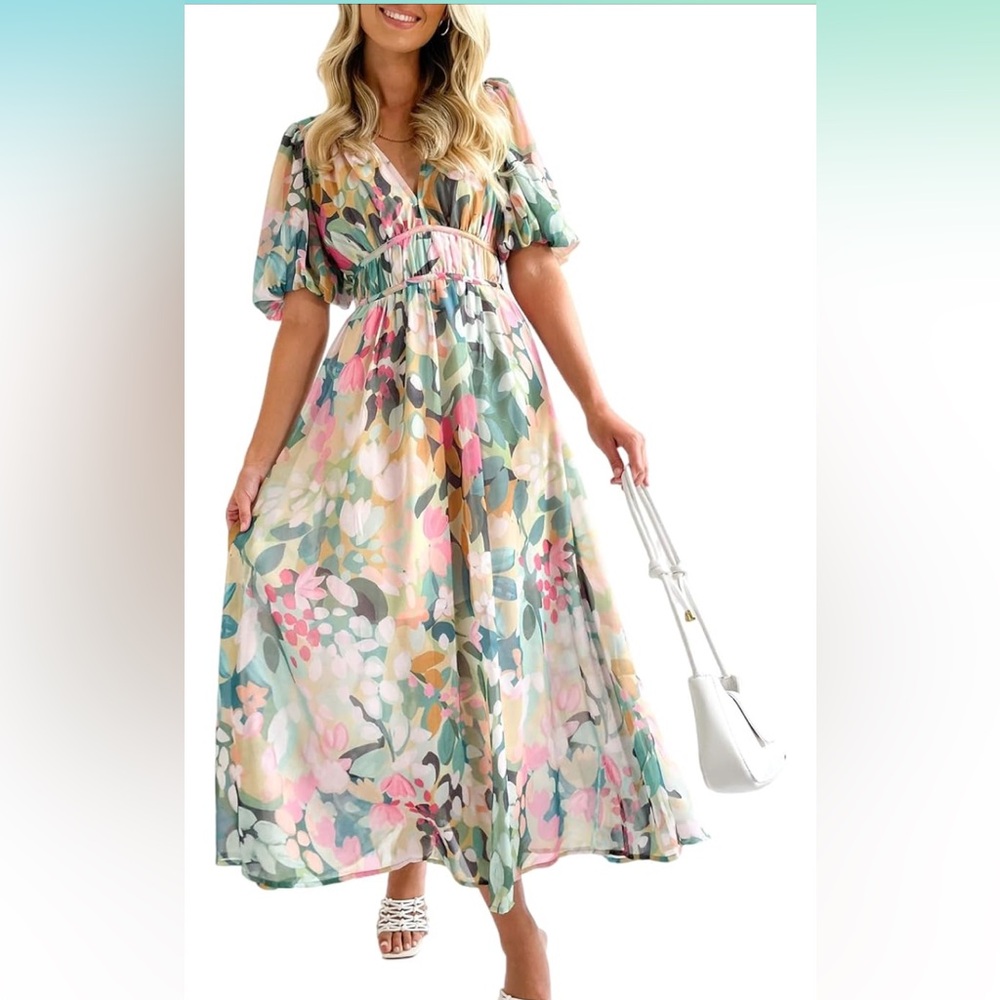 Women's Boho Floral Midi Dress Smocked Beach Flowy Dress